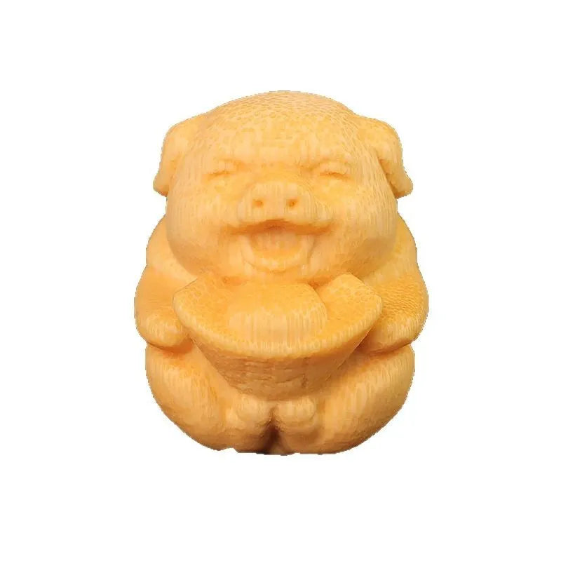 Solid bamboo carving cute ingot pig ornament, 4cm tall.