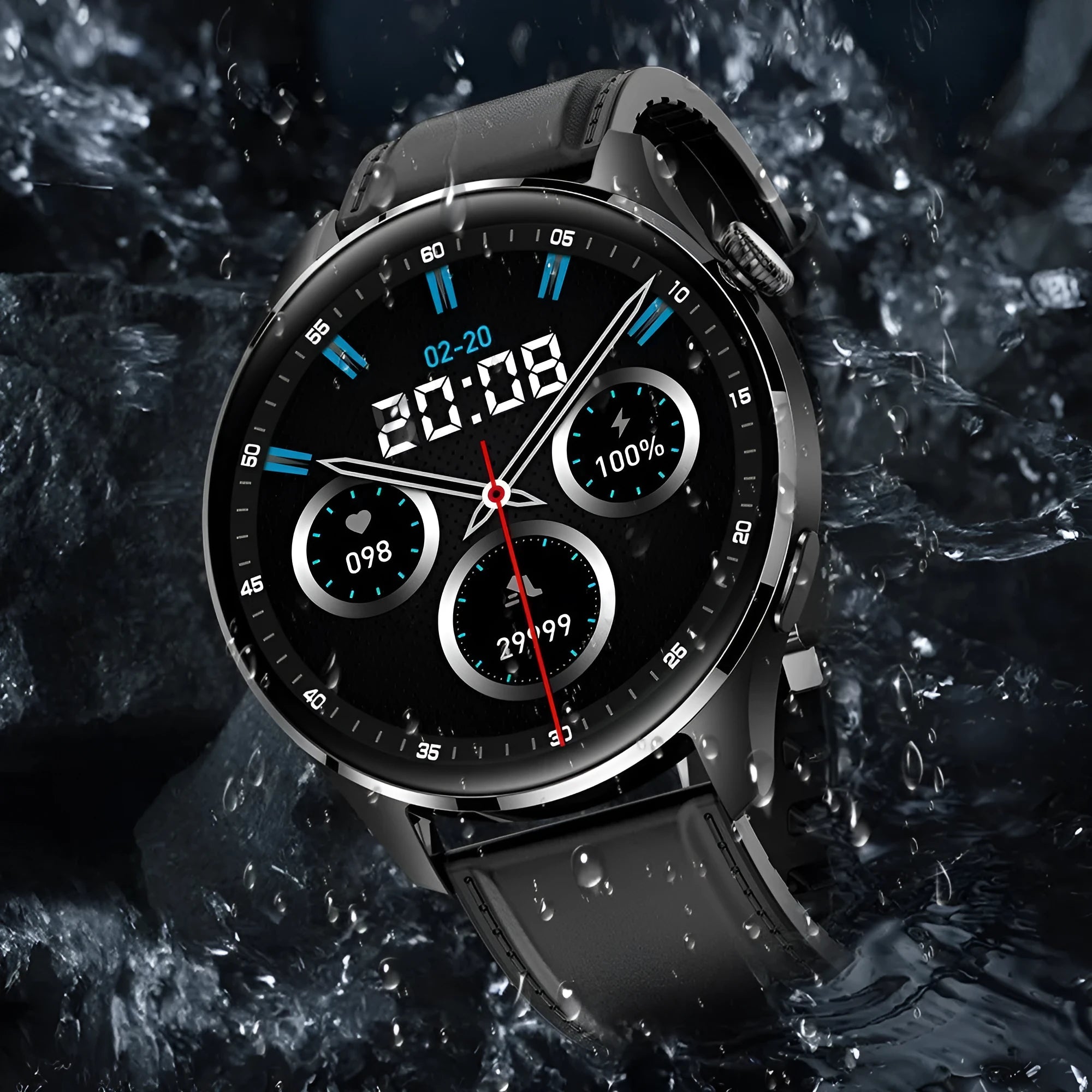 Smart watch with round colour screen and black silicone strap for access control and calling