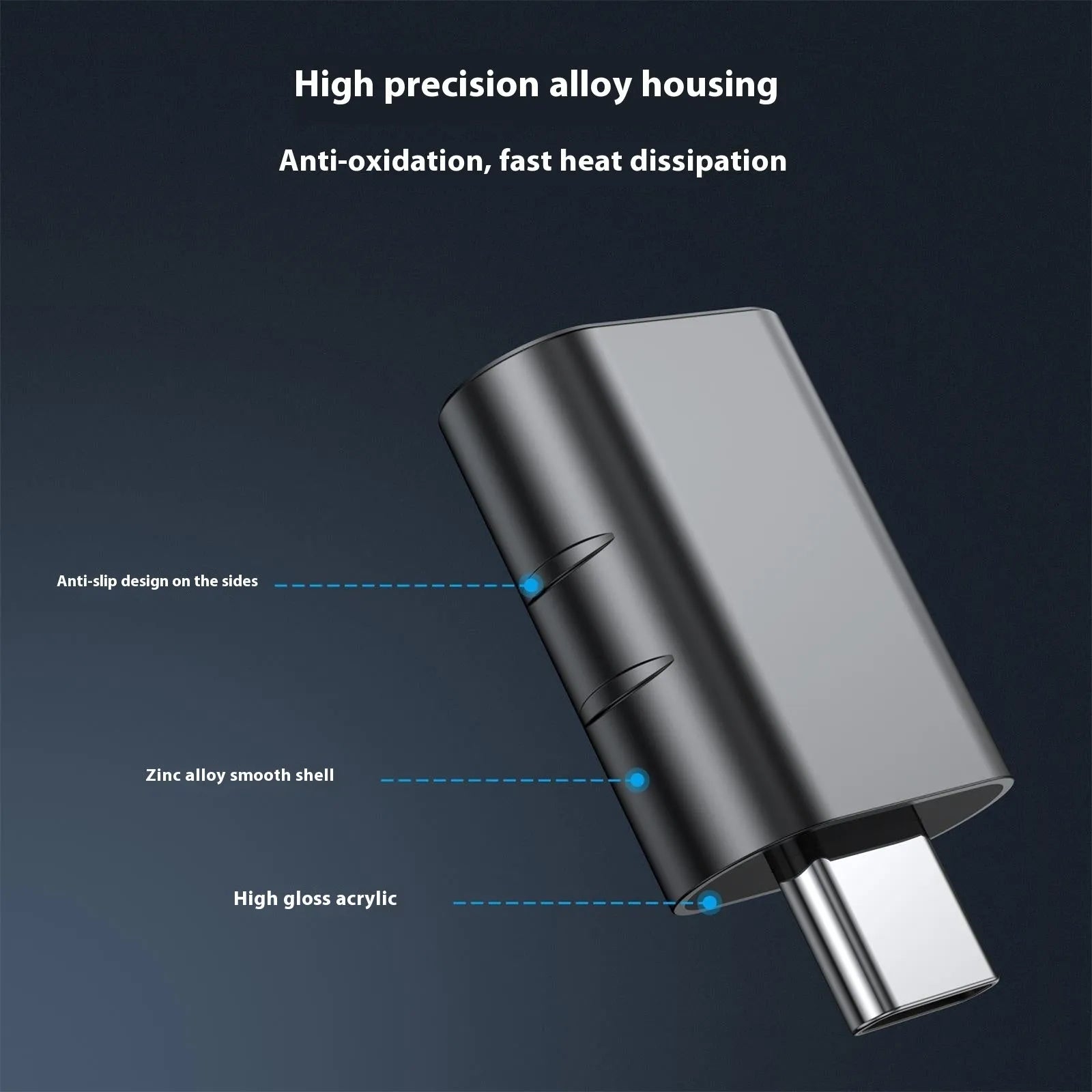 USB-C to USB-A adapter converter with zinc alloy shell in metallic finish