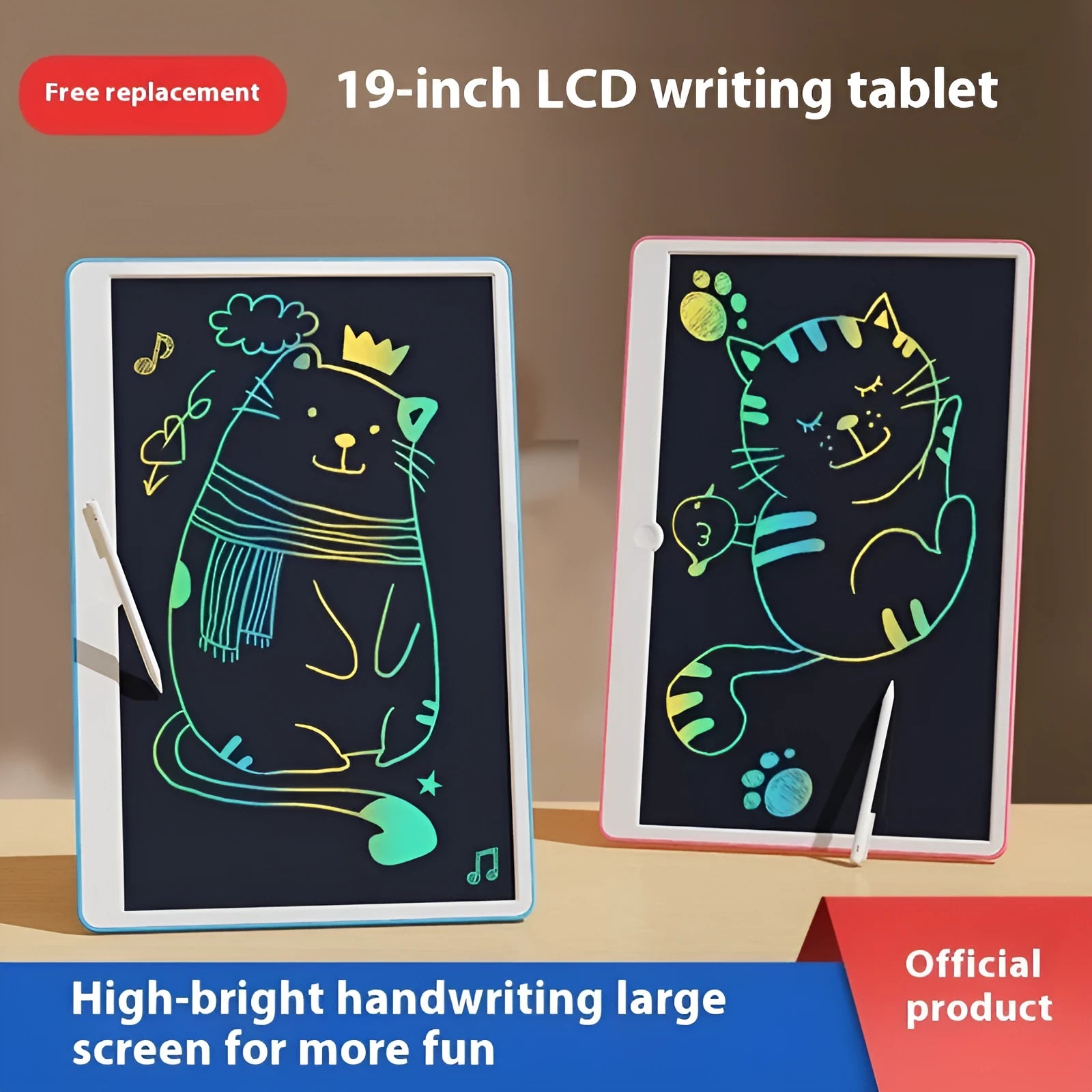 19-inch rechargeable LCD drawing board for kids in blue and white colour scheme