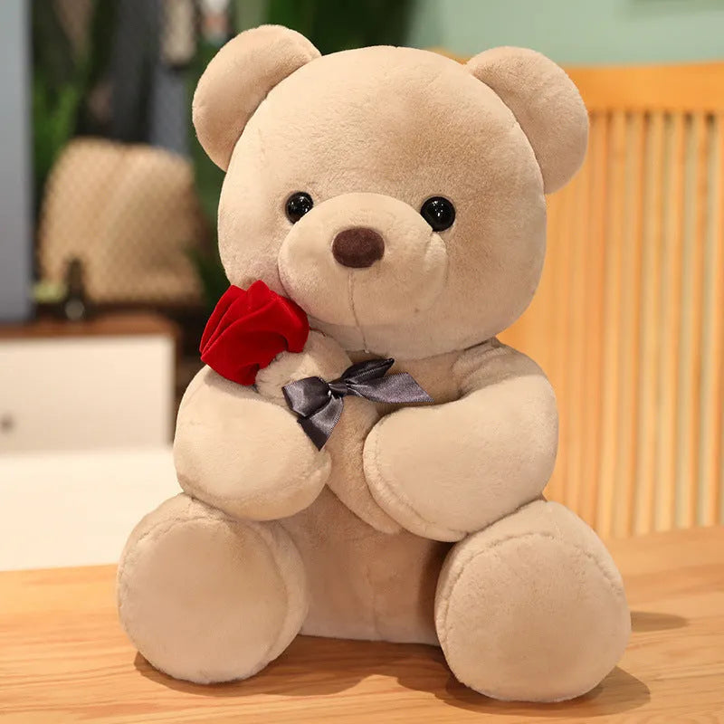 Rose teddy bear plush pillow stuffed animal doll in beige, brown or grey colours, shown in 23cm to 45cm sizes.