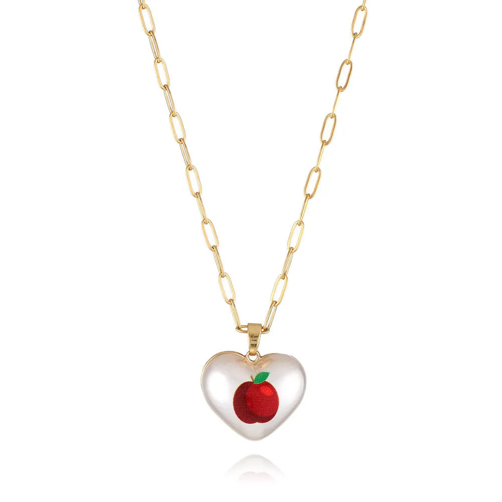 Geometric fruit pendant necklace with adjustable chain showing Apple, Cherry, Pear, Pineapple and Strawberry colour variations