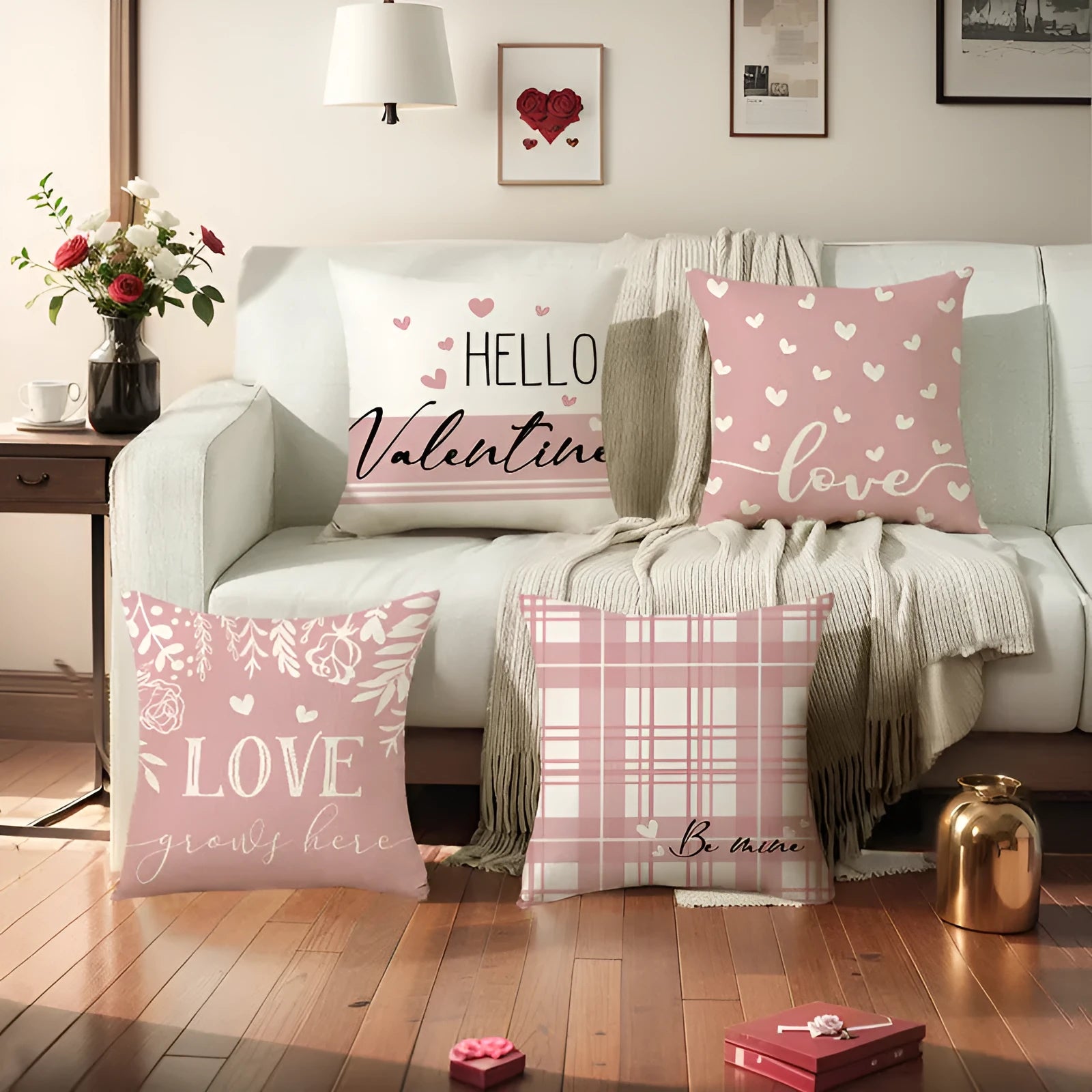 Plaid heart printed pillow cover in Valentine's Day colours on 45cm square cushion