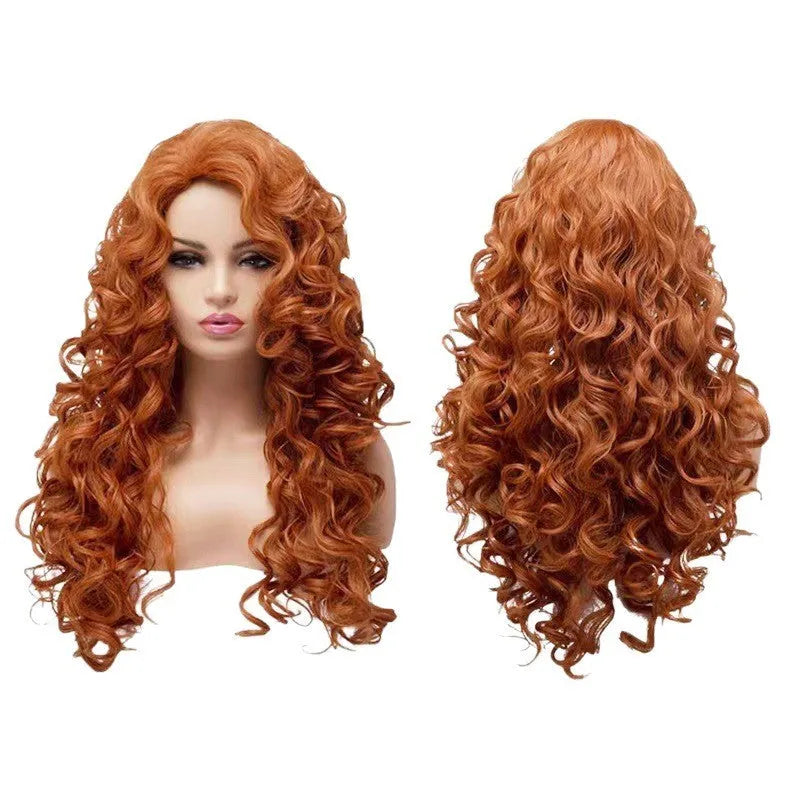 Brown long wavy curly costume wig with fluffy texture on a wig head