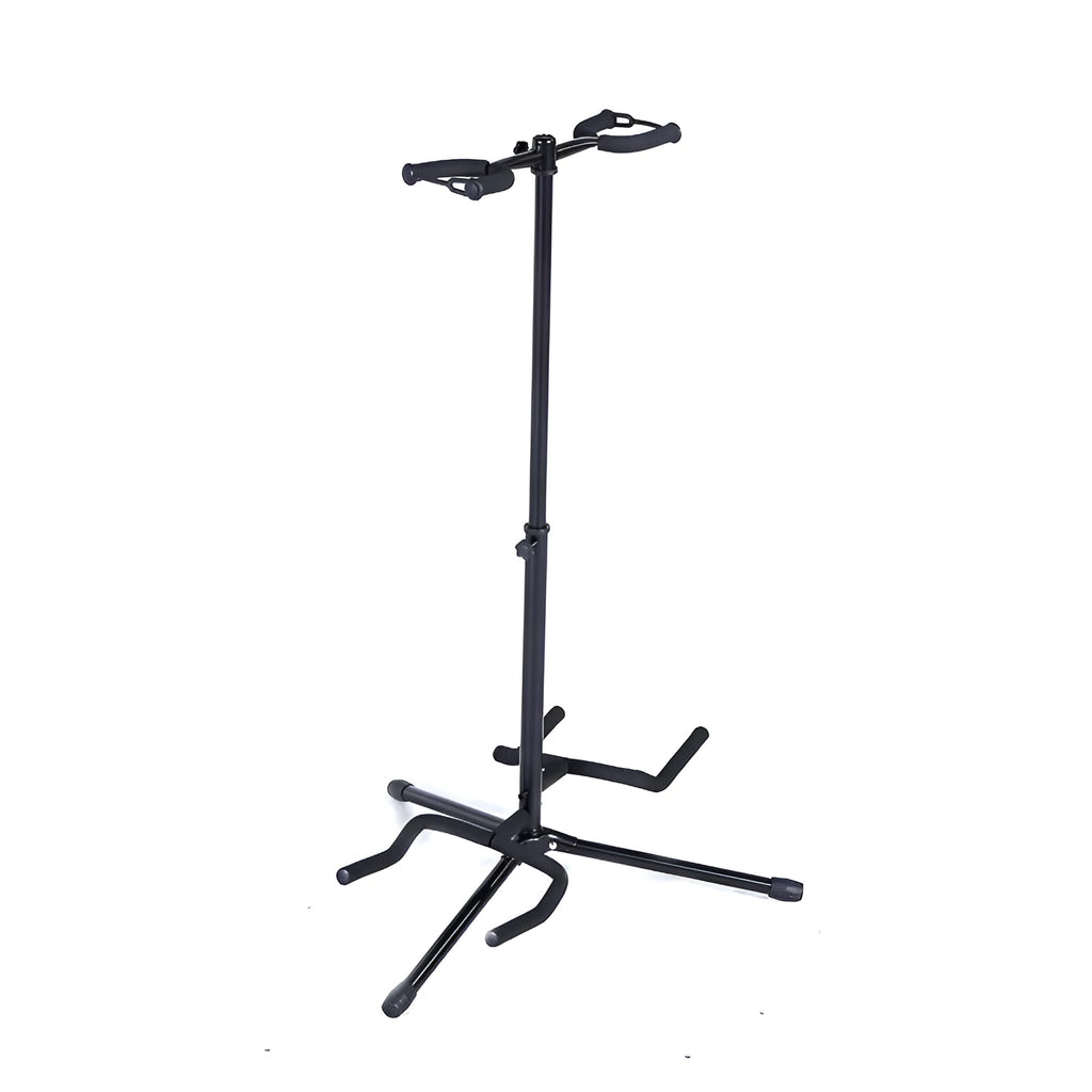 Black vertical double-headed adjustable guitar stand for electric and acoustic instruments