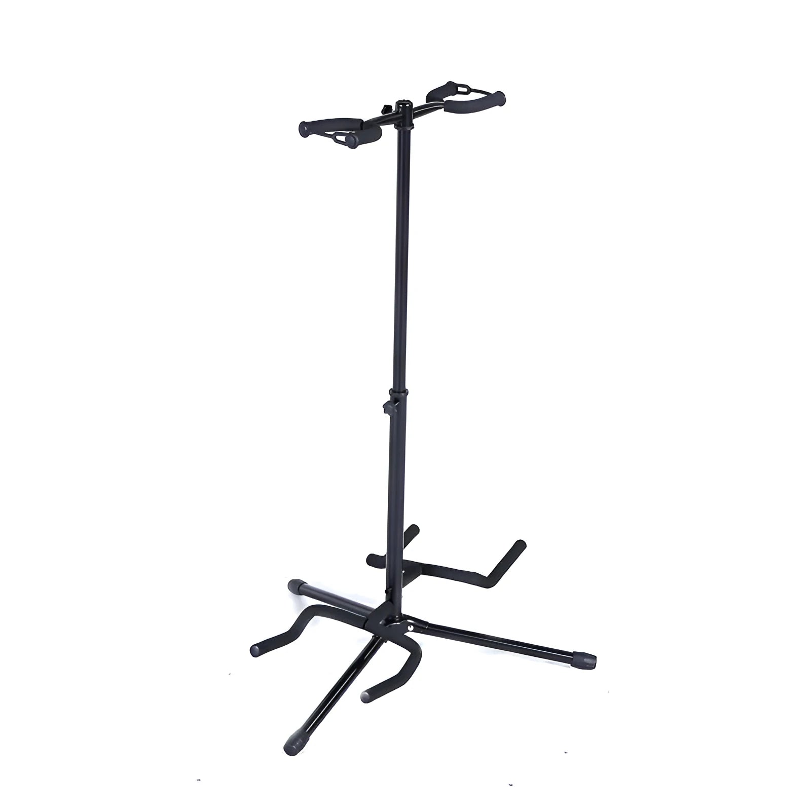 Black vertical double-headed adjustable guitar stand for electric and acoustic instruments