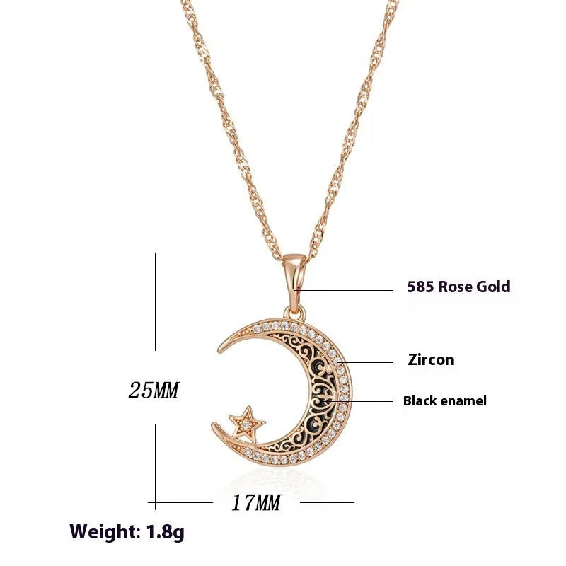 Rose gold star moon pendant necklace with zircon crystals and enamel detailing on water wave chain