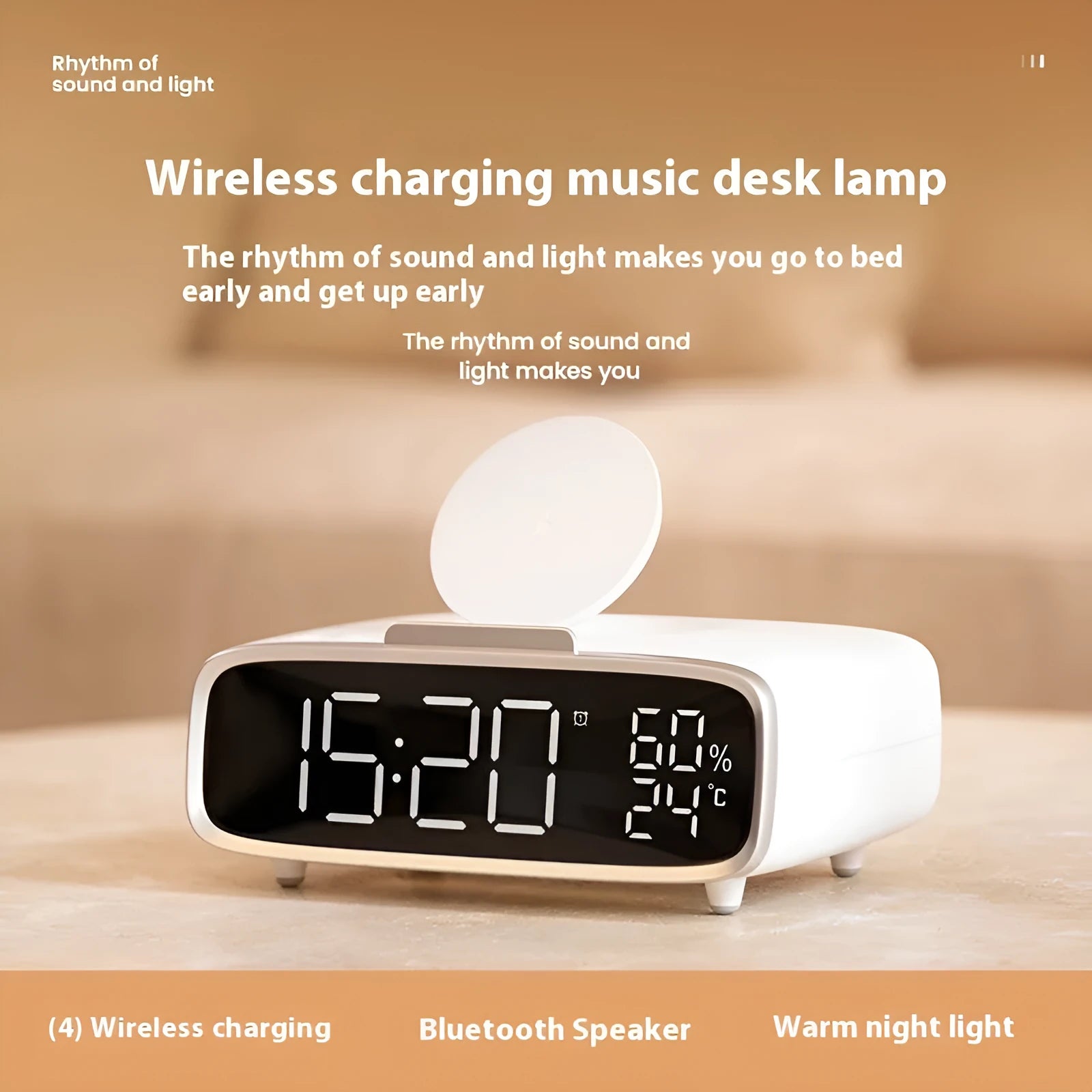 White Bluetooth speaker wireless charger with night light functionality on bedside table