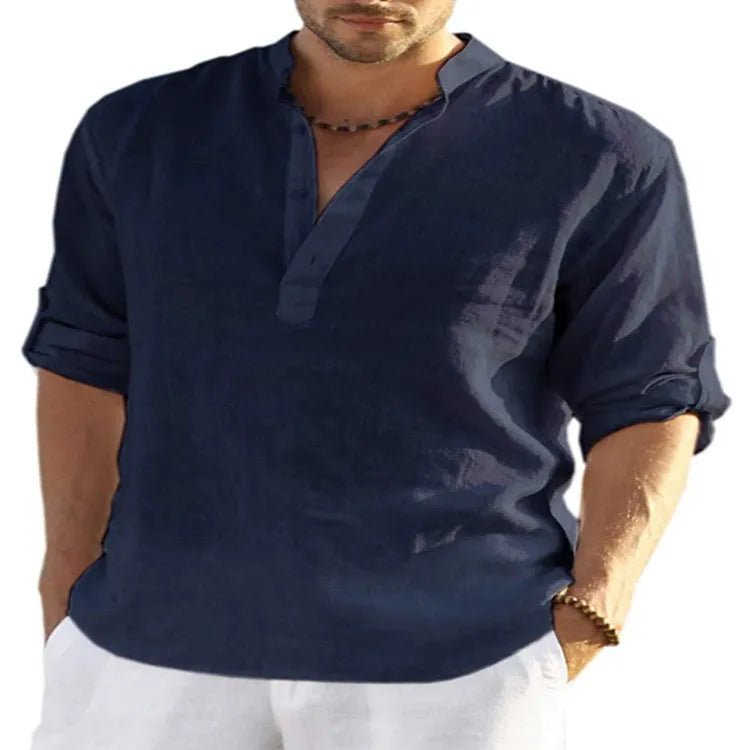 Men's slim-fit stand collar shirt in cotton-linen blend, shown in light blue, with button front and long sleeves.