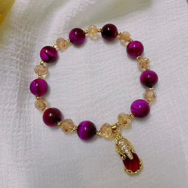 Natural tigereye stone bracelet with single or double chain design in rose red or green styles