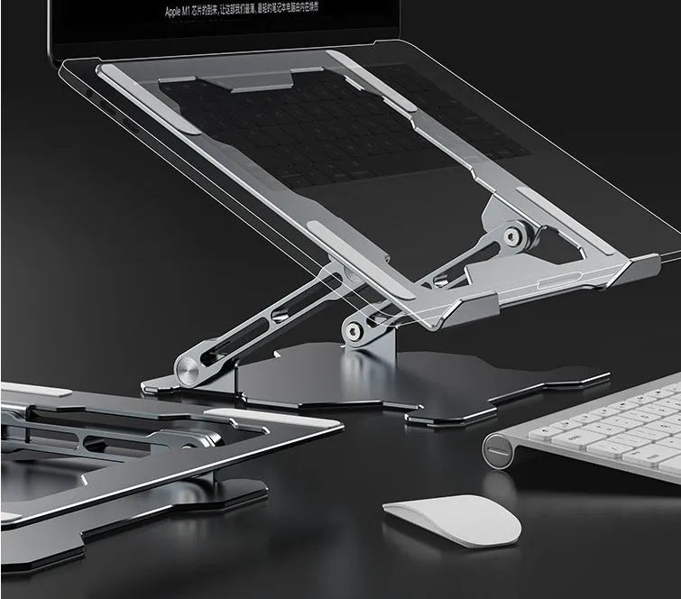 Grey aluminium alloy laptop stand showing adjustable angle mechanism and hollow heat dissipation design