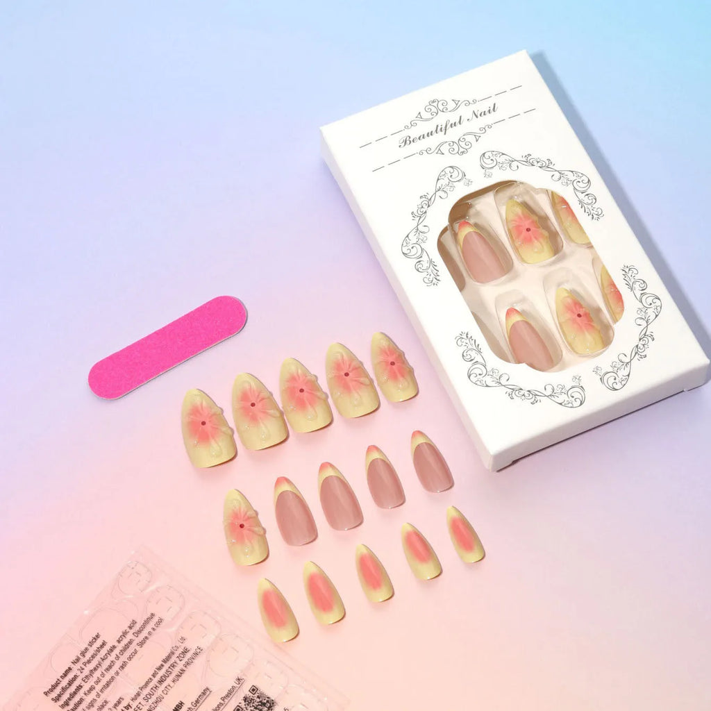Set of plastic press-on nails with raised 3D cartoon flower design, jelly glue tube, and nail file.