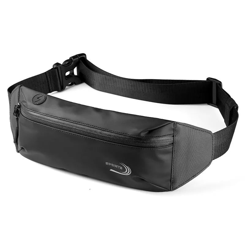 Men's black waterproof sports waist bag with adjustable strap, shown with dimensions 45cm by 10cm.