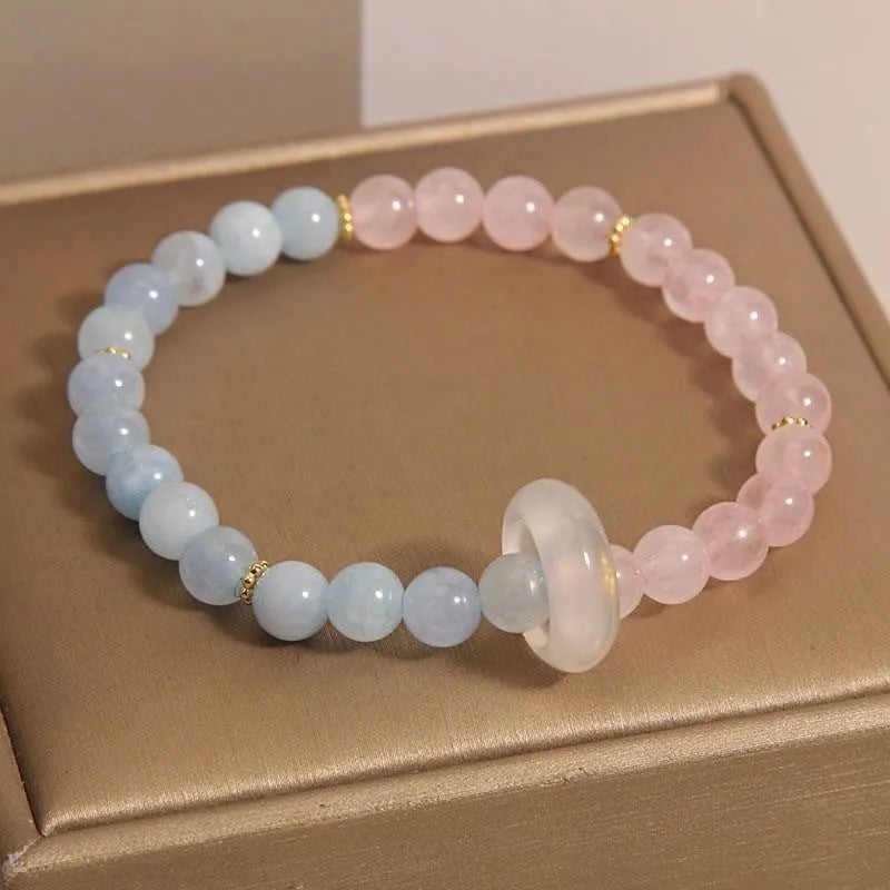 Handmade aquamarine crystal dopamine bracelet for women with mixed materials and geometric design