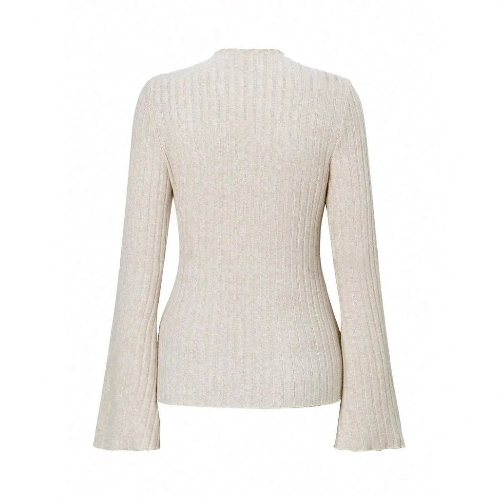 Black long sleeve round neck top with sunken stripe pattern and lantern sleeves