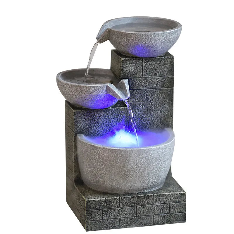 Light grey desktop fountain humidifier with hand-painted resin waterscape and atomizer, 25x21x43cm