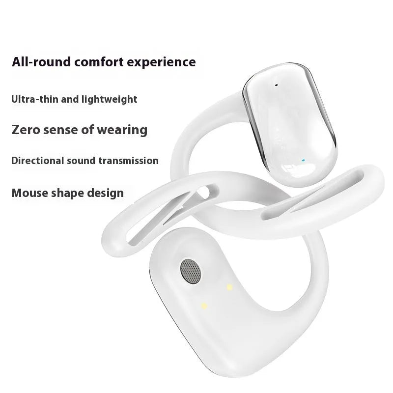 Ear-mounted open Bluetooth translation headphones in black with ear hook design and touch controls