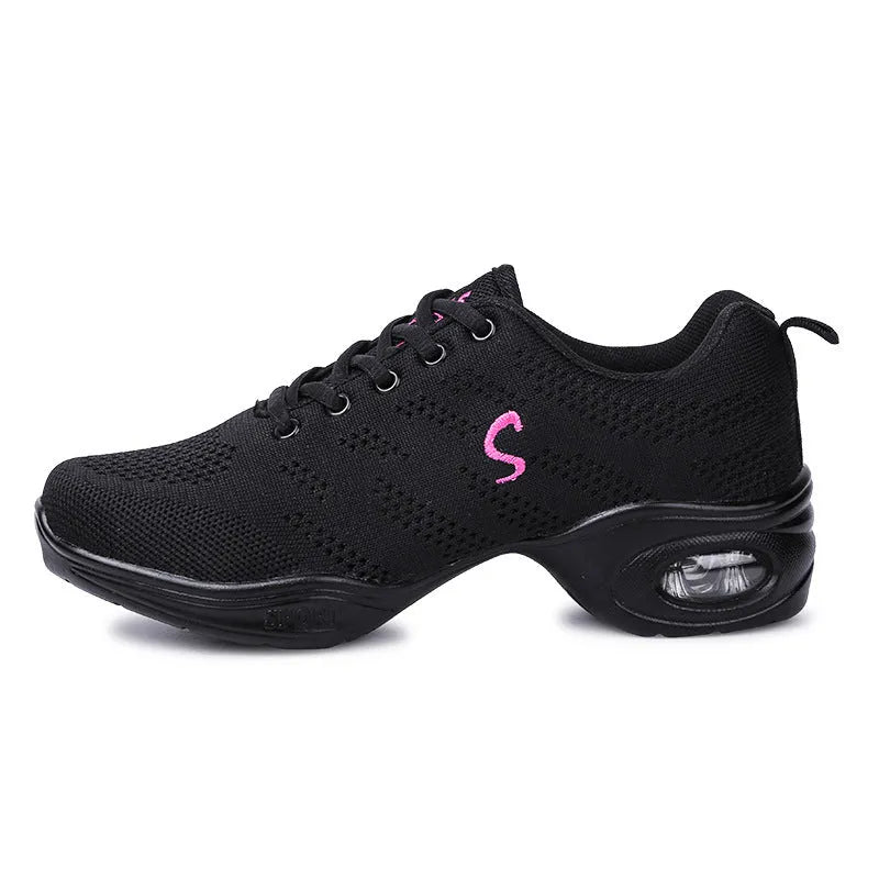 Women's flyknit mesh dance shoes with breathable upper and soft PU sole in various colour options