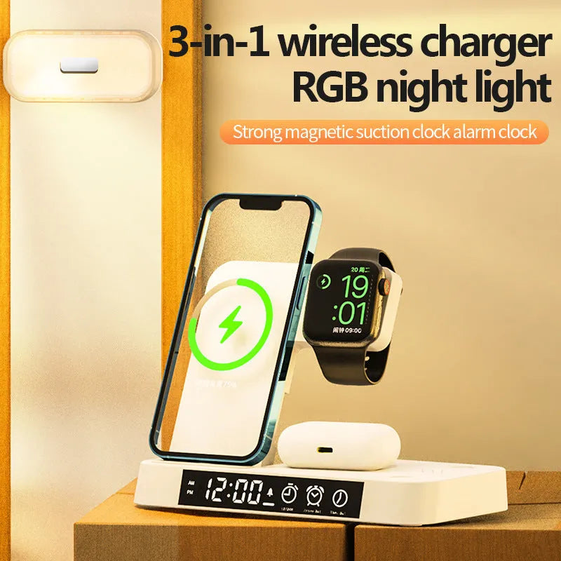 White 4-in-1 foldable wireless charging station showing phone on stand, Apple Watch dock, and glowing RGB night light.