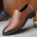 Men's black renewable leather business casual slip-on shoes with rubber sole and leather toe cap.