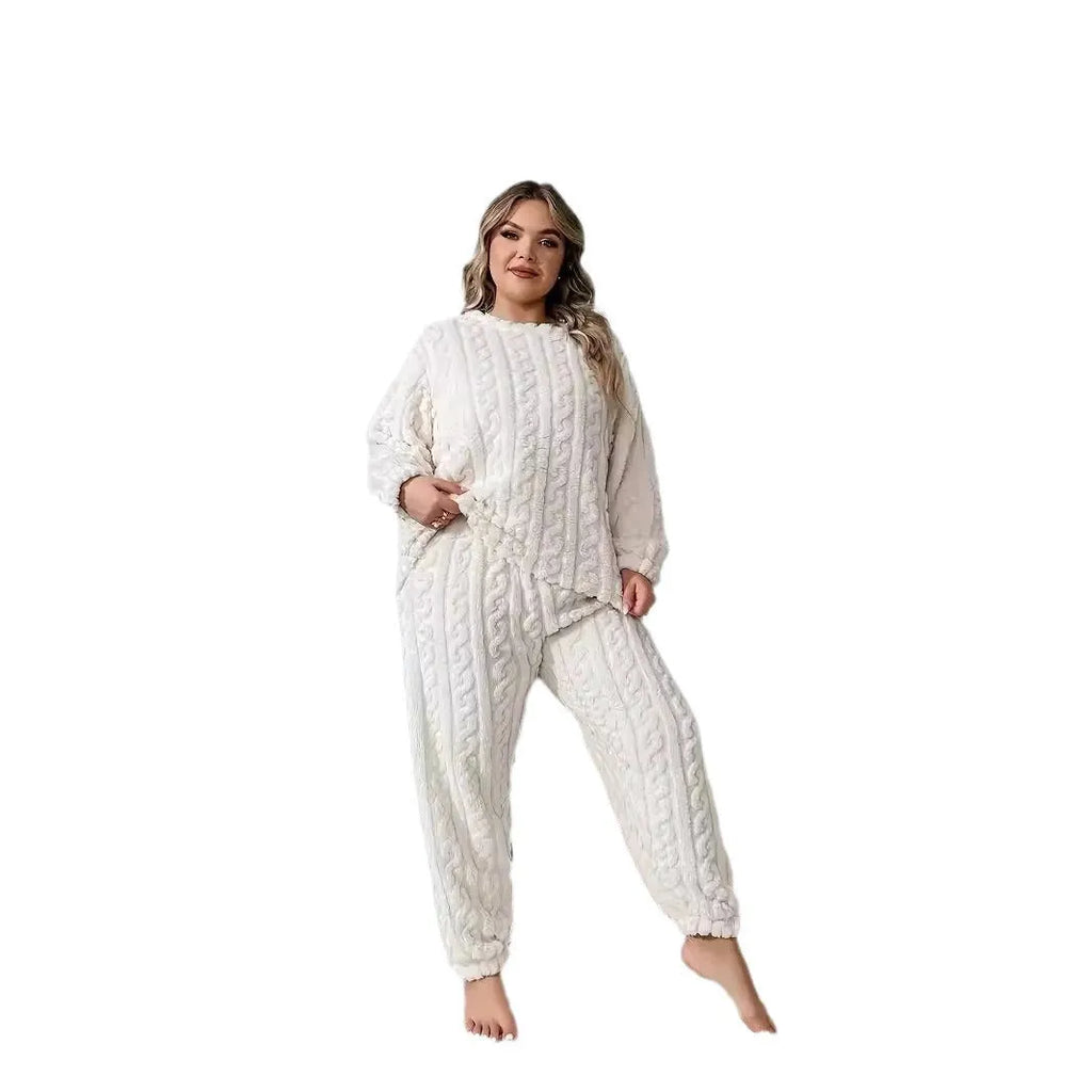 Women's milky white plush two-piece pants suit with crew neck top and matching trousers