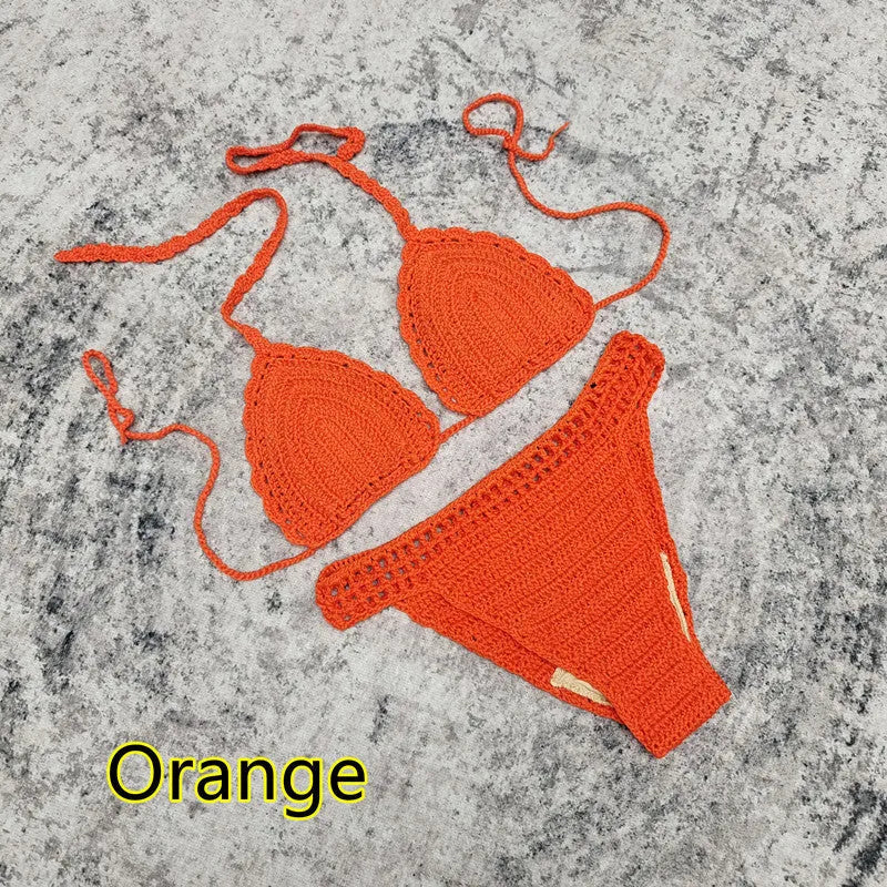 Women's 3-piece handmade crochet bikini set with nylon lining in solid colour options for beach and swimming.
