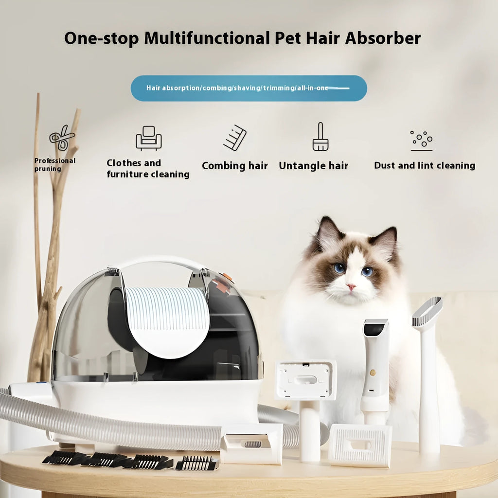 Pink and white pet hair vacuum cleaner with electric shaver attachment and grooming accessories on white background