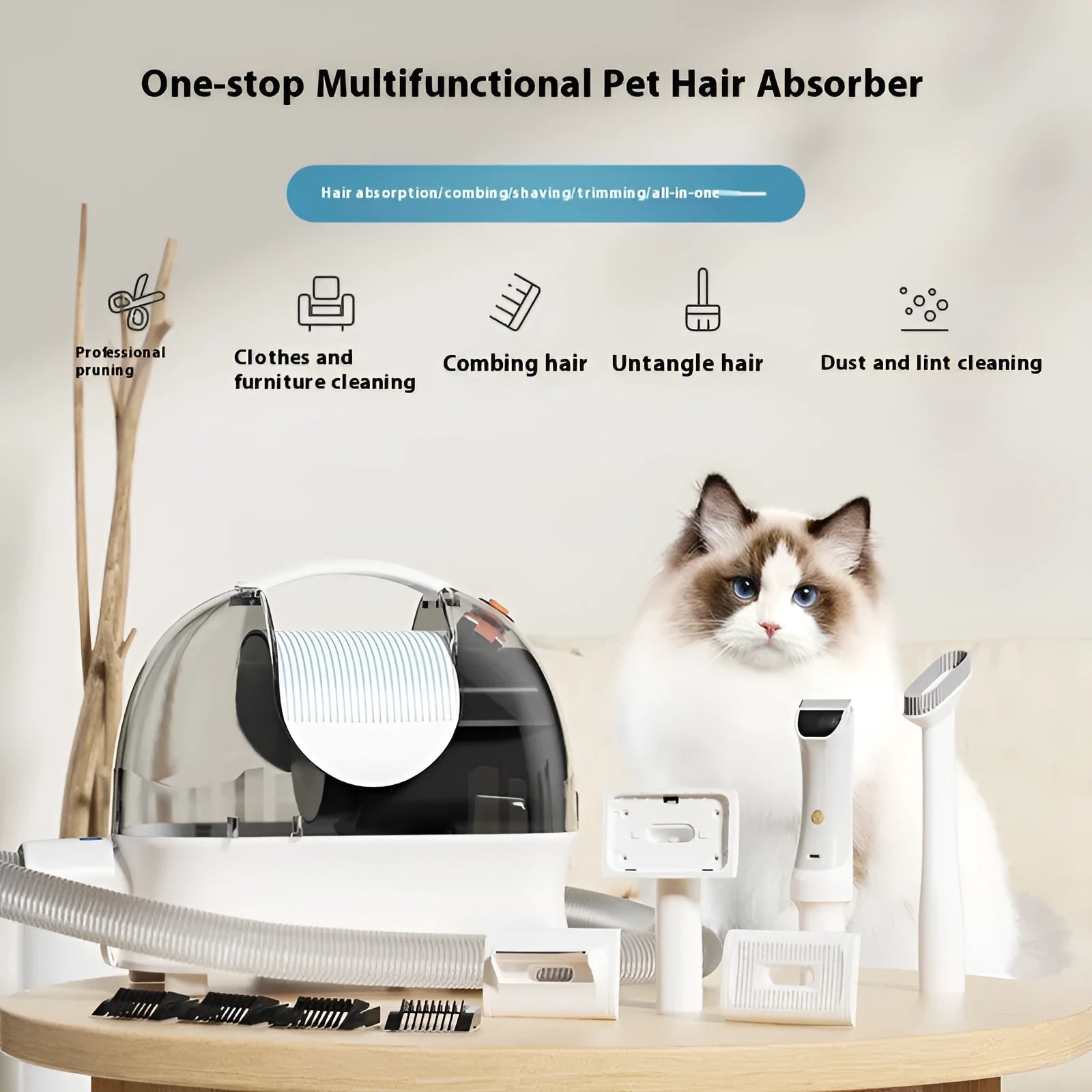 Pink and white pet hair vacuum cleaner with electric shaver attachment and grooming accessories on white background