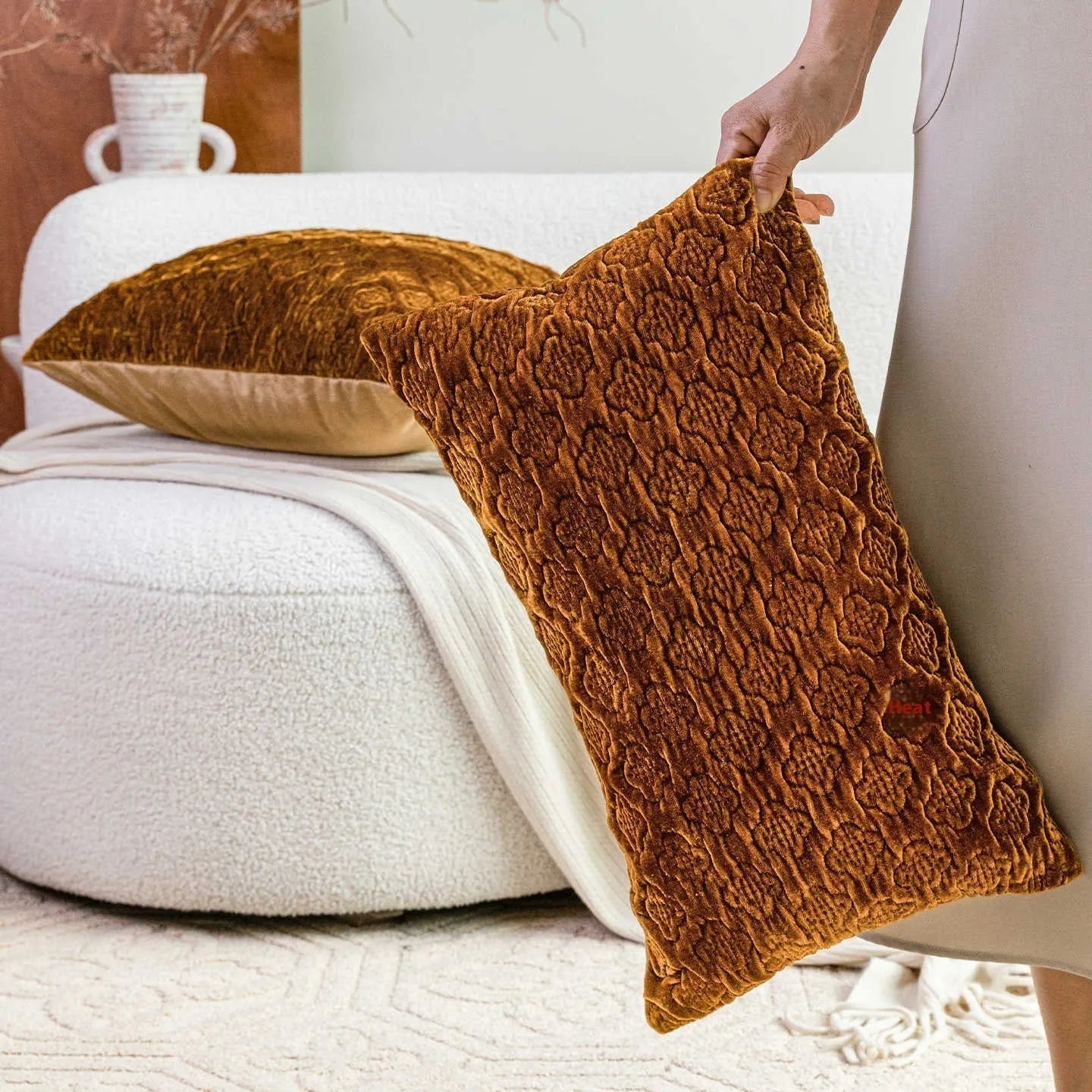 Brown gold quilted cotton cushion with Chinese antique style three-dimensional pattern