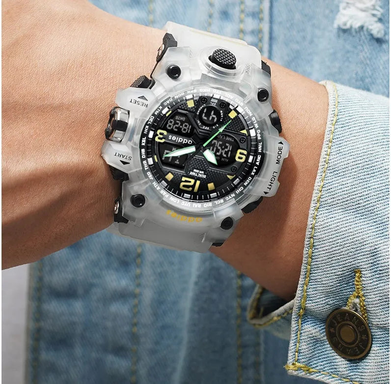 Men's black and red dual display electronic sports watch with plastic case and strap, showing analogue hands and digital screen.