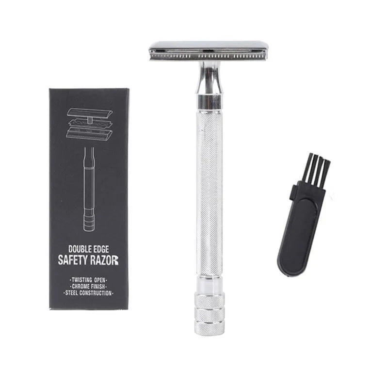 Traditional manual shaving razor with brush set on a black or silver handle