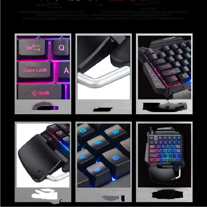 Black one-handed left-hand gaming keyboard with integrated wrist rest and USB connector for desktop mobile gaming