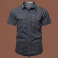 Men's short sleeve cotton work shirt in loose cardigan style with non-ironing treatment