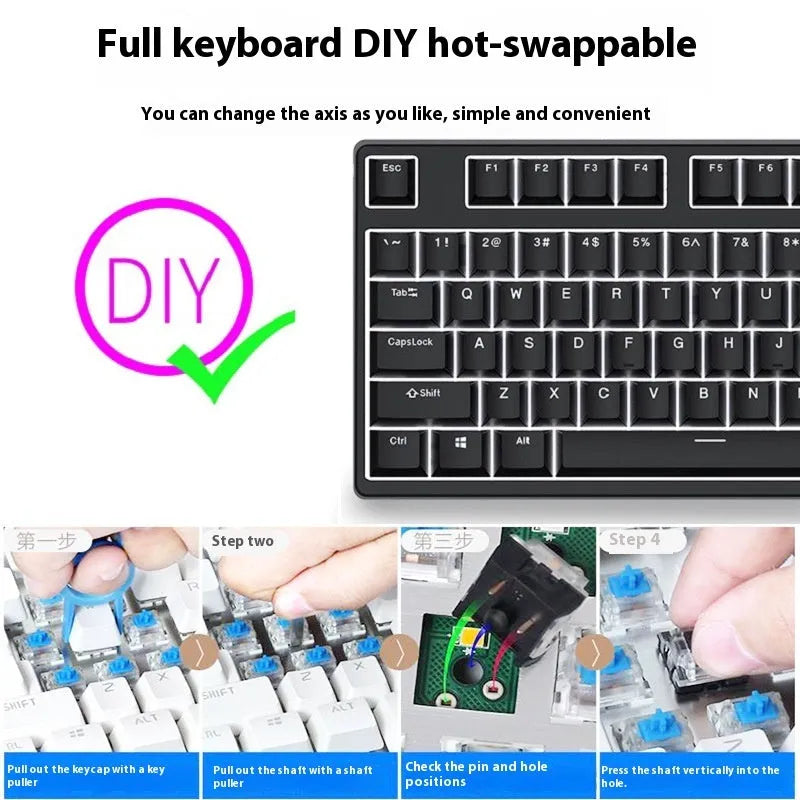 87 key wired mechanical keyboard with two-colour keycaps and metal frame, shown with key puller and switch removal tools