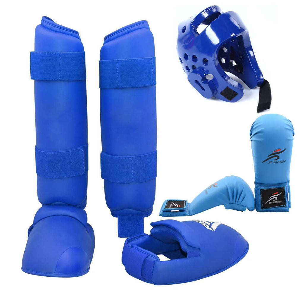 Red and blue karate protective gear set with helmet, boxing gloves, and leg guards for martial arts training