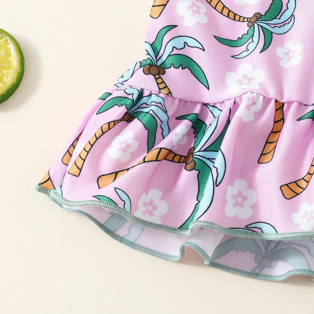 White toddler boy two-piece swimsuit set with shirt and beach shorts on a hanger