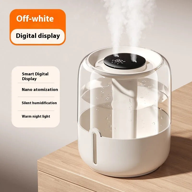 Beige plastic USB humidifier with dual spray nozzles, humidity display, and night light