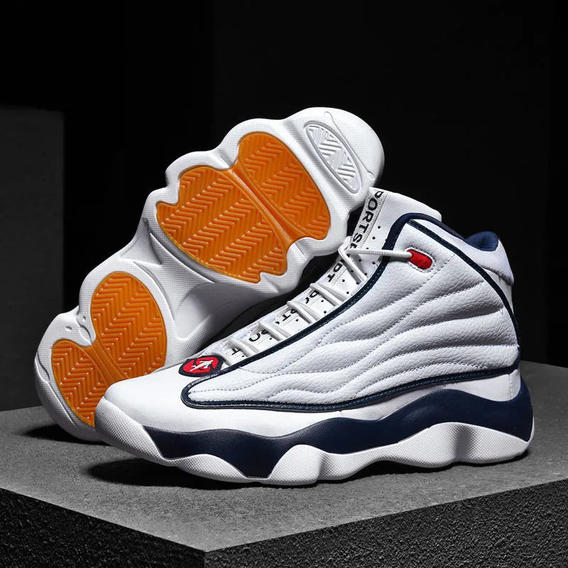 Men's AJ13 mesh basketball shoes with thick rubber sole in white red colour option