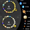 Set of two natural stone beaded bracelets featuring zodiac sign symbols.