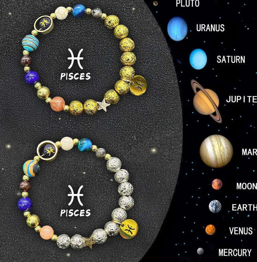 Set of two natural stone beaded bracelets featuring zodiac sign symbols.