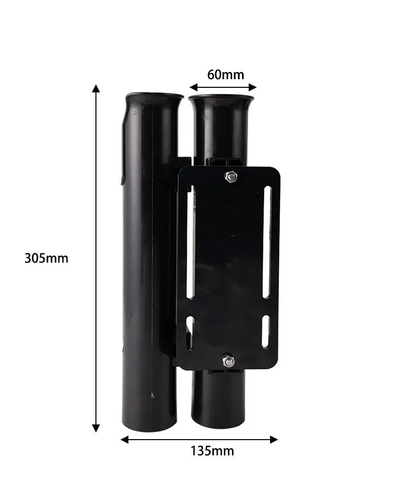 Black carbon fibre plastic fishing rod rack mounted on bicycle handlebars with adjustable straps