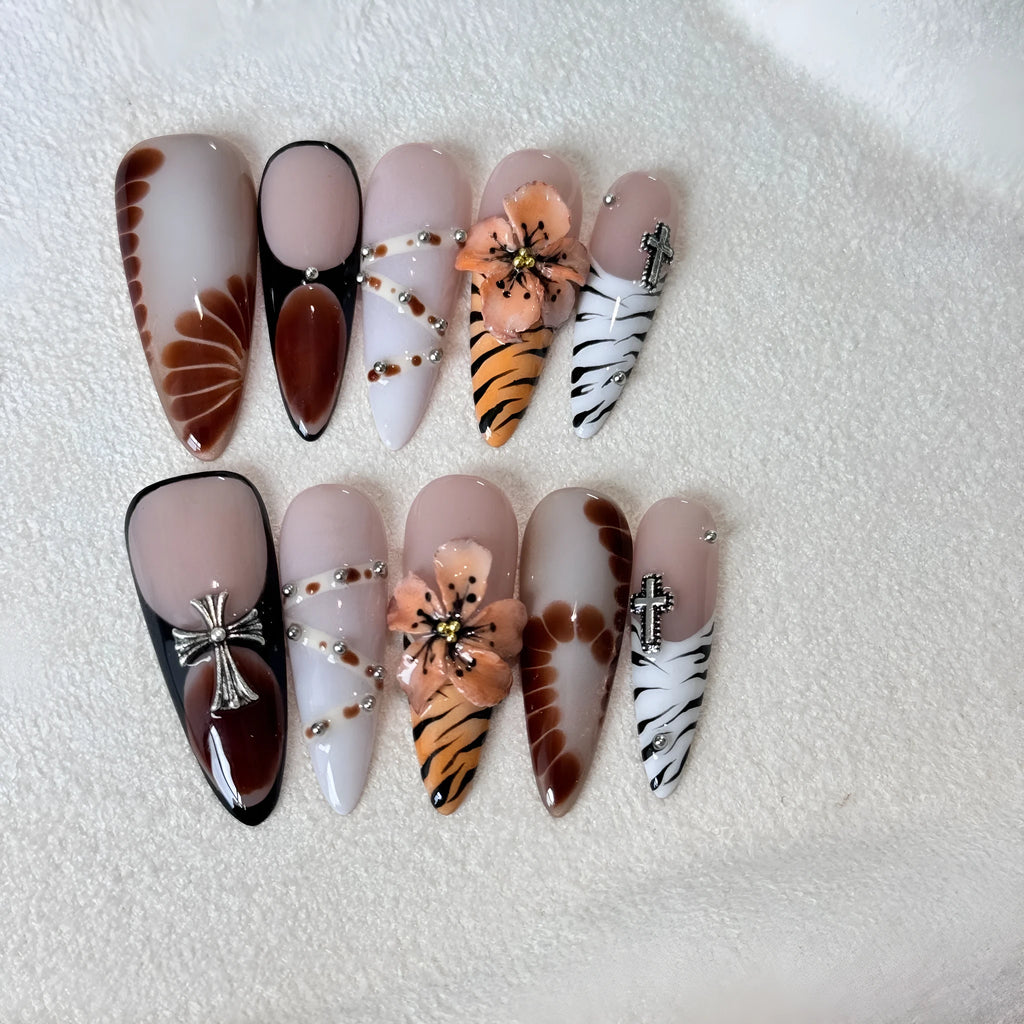 Leopard print false nail stickers with cross and floral patterns in armour shape