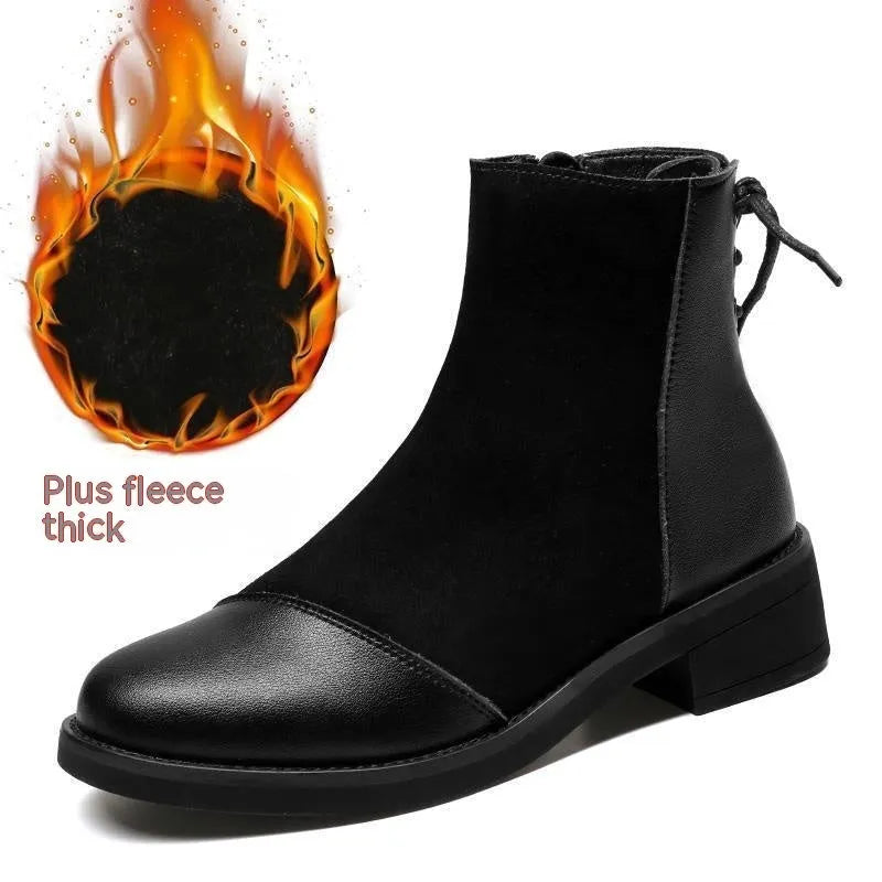 Black knee-high women's Martin boots with a side zipper, round toe, and bow detail.