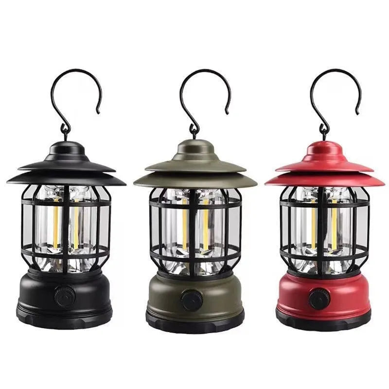 Dark green portable camping lantern with super bright light, shown with dimensions 16.6x6.7x9.6 cm.