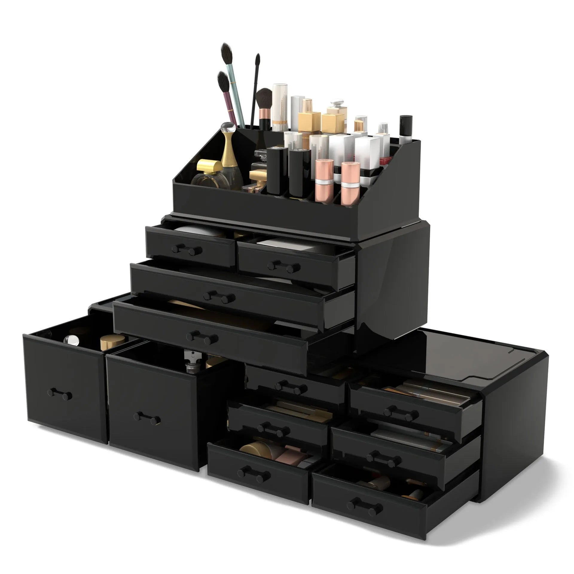 Acrylic three-layer cosmetics storage box in Nordic style, transparent finish on a vanity table