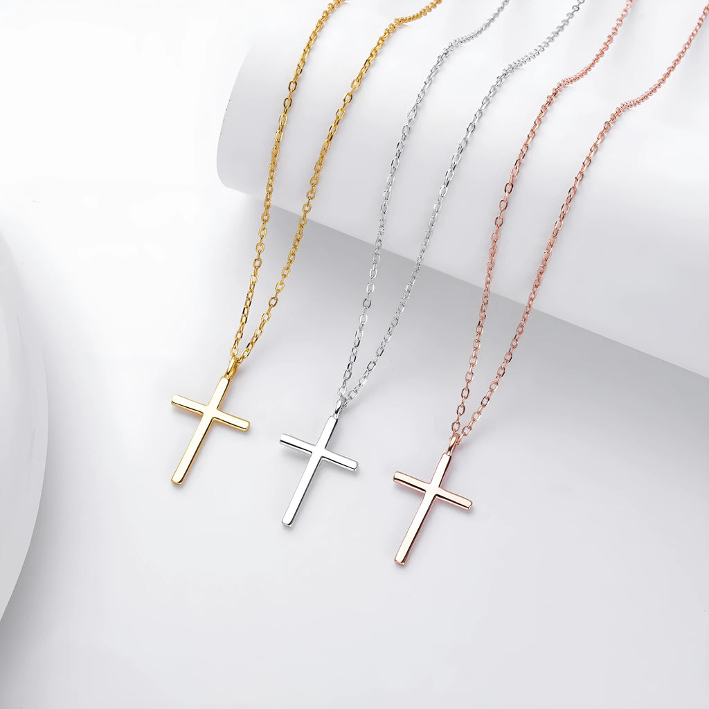 Sterling silver necklace with simple cross pendant on adjustable O-shaped chain in gold, platinum, or rose gold finish