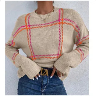 Women's loose-fit plaid colour-block acrylic sweater in multiple colour options