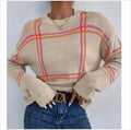 Women's loose-fit plaid colour-block acrylic sweater in multiple colour options