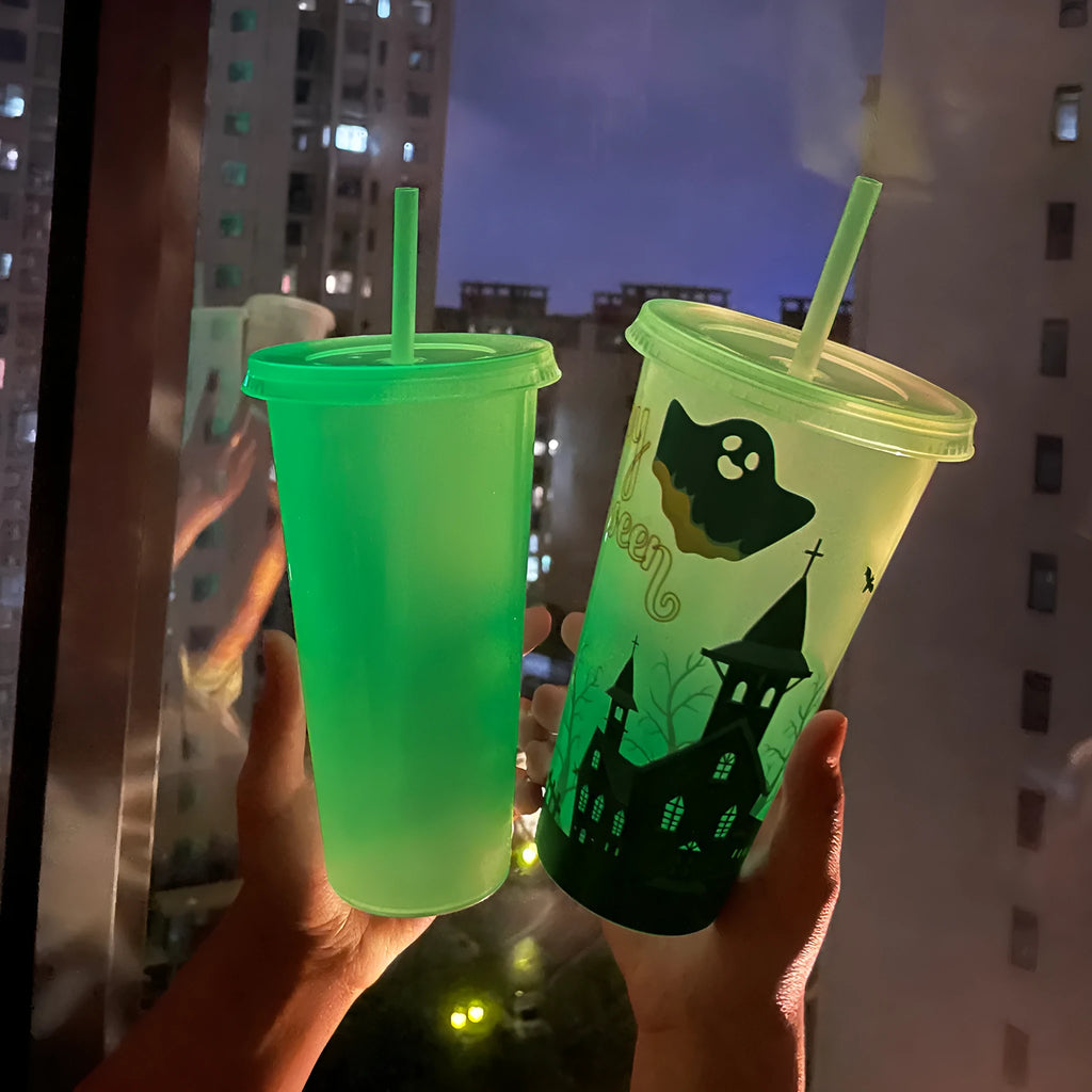 720ml Halloween luminous plastic straw cup showing six colour variations