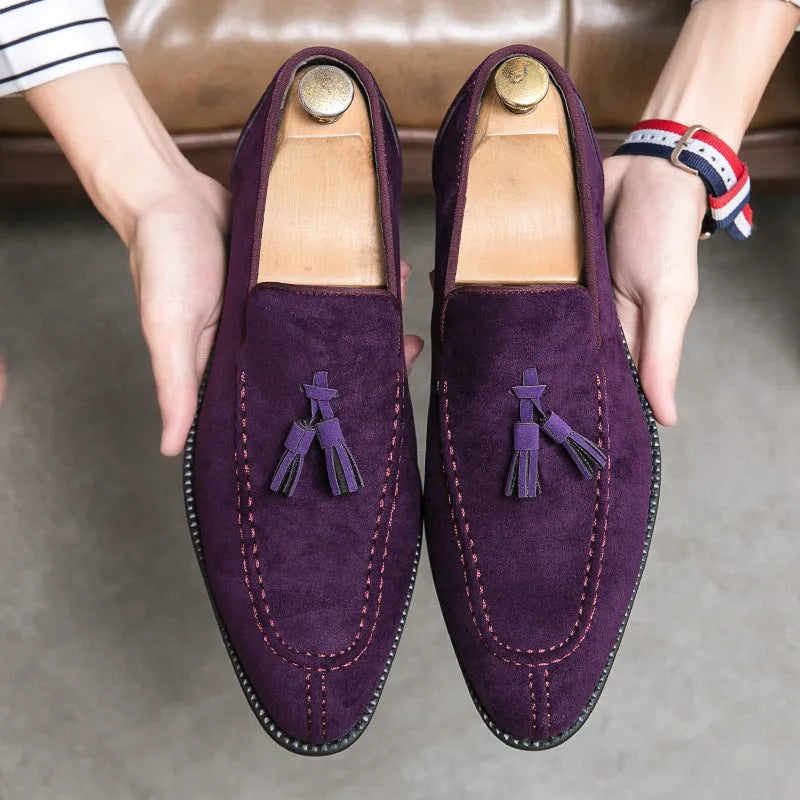 Men's suede matte fashion leather shoes in blue and purple with artificial PU upper and injection moulded sole